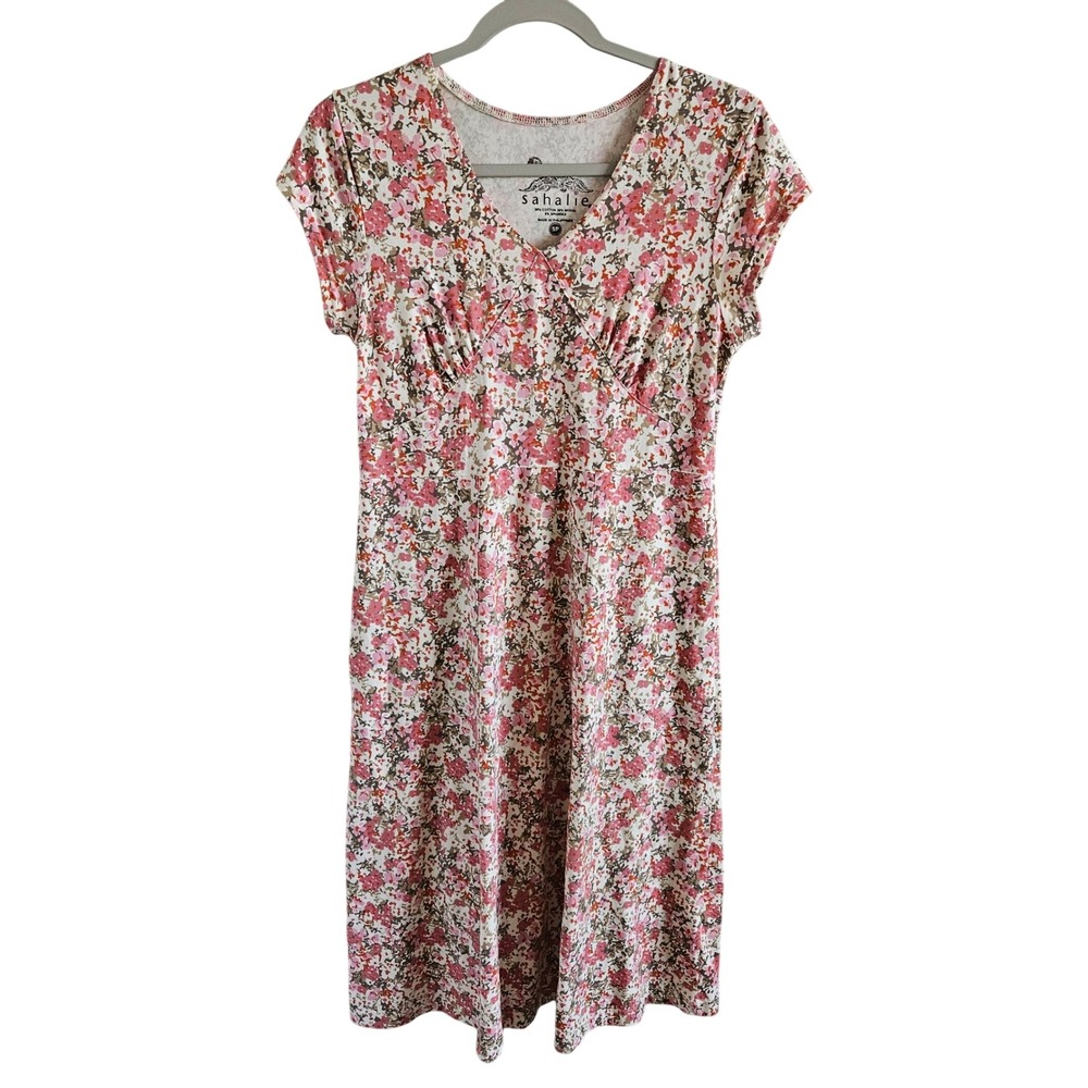 Sahalie Pink Floral Cotton Modal Knit Surplice V-Neck Dress Womens Small Petite